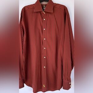 Tailorbyrd Men’s Button Up Shirt Striped Rust/Brown with Lime Green Logo Size XL